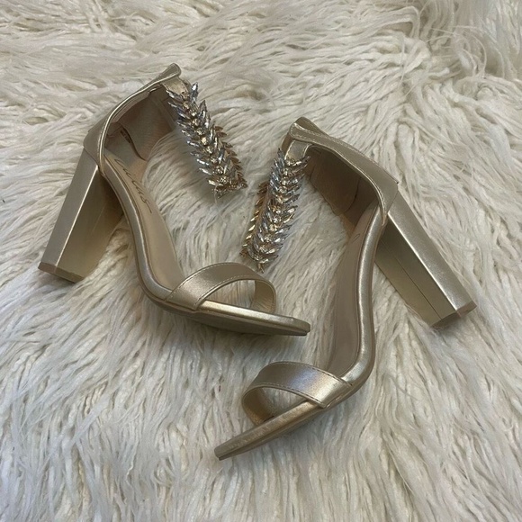 Lulus Shoes - Lulus Jeweled Chunky Gold Strappy Heels Pumps Mylan